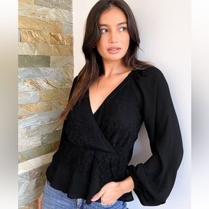 LULU’S Loving Arms Black Lace Long Sleeve Peplum Top